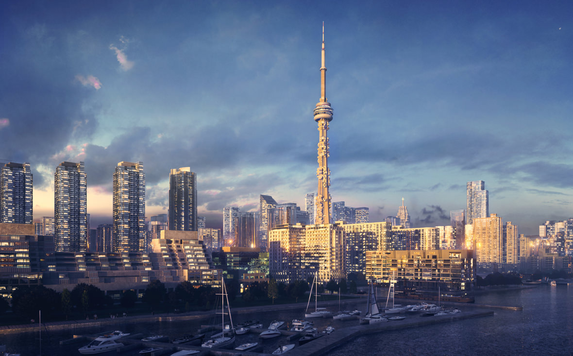 High quality architectural render of the concept of CN Tower and the neighboring buildings by the lake in the sunset.