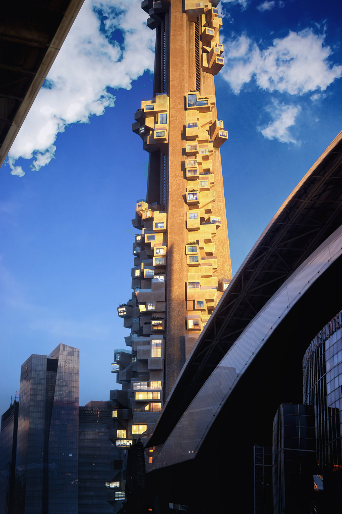 3D exterior visualization of the concept of wooden modules covering CN Tower in close-up