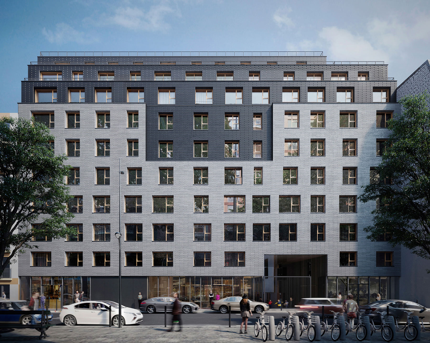 Photorealistic visualization of residential condominium in Paris, 3D exterior render of the front elevation with people, cars, and bicycle parking