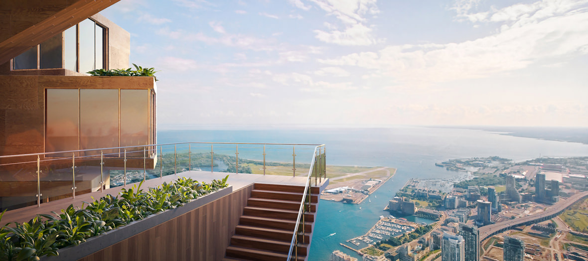 Photorealistic visualization of the area outside the wooden condominium with a panoramic view over the lake