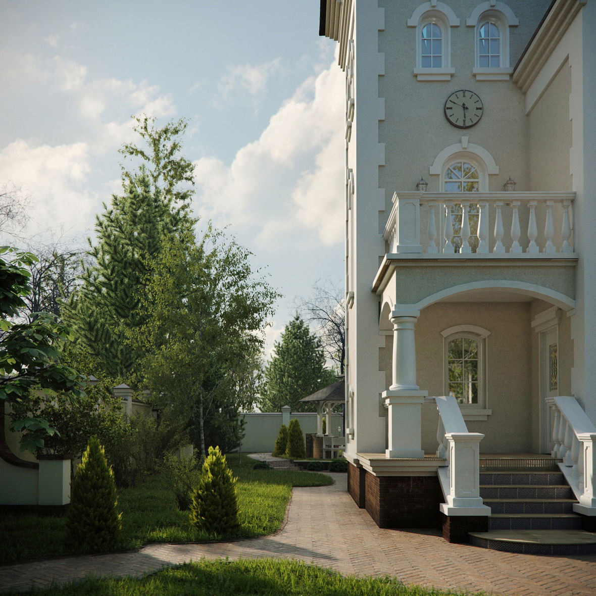 High-end exterior rendering of mansion’s porch and balcony with clock in close-up and a green lawn at the side