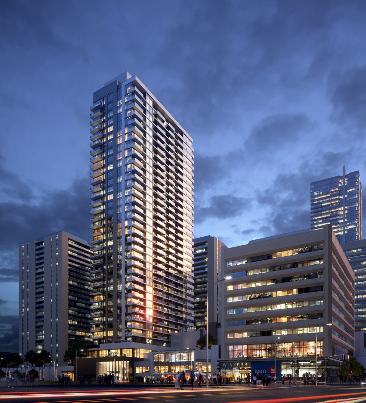 High quality photorealistic 3D visualization of YS Tower in Toronto, street-level exterior visualization of the building and the neighborhood