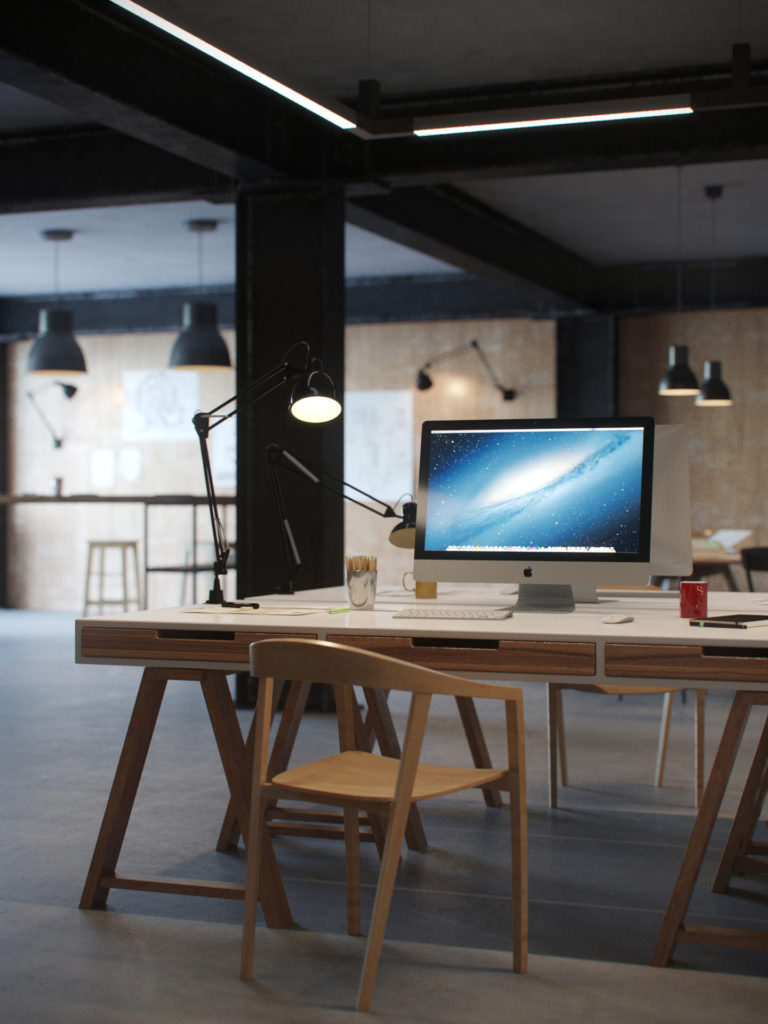3D interior rendering of a workspace with desks, chairs, computers, stationery, and reading lights