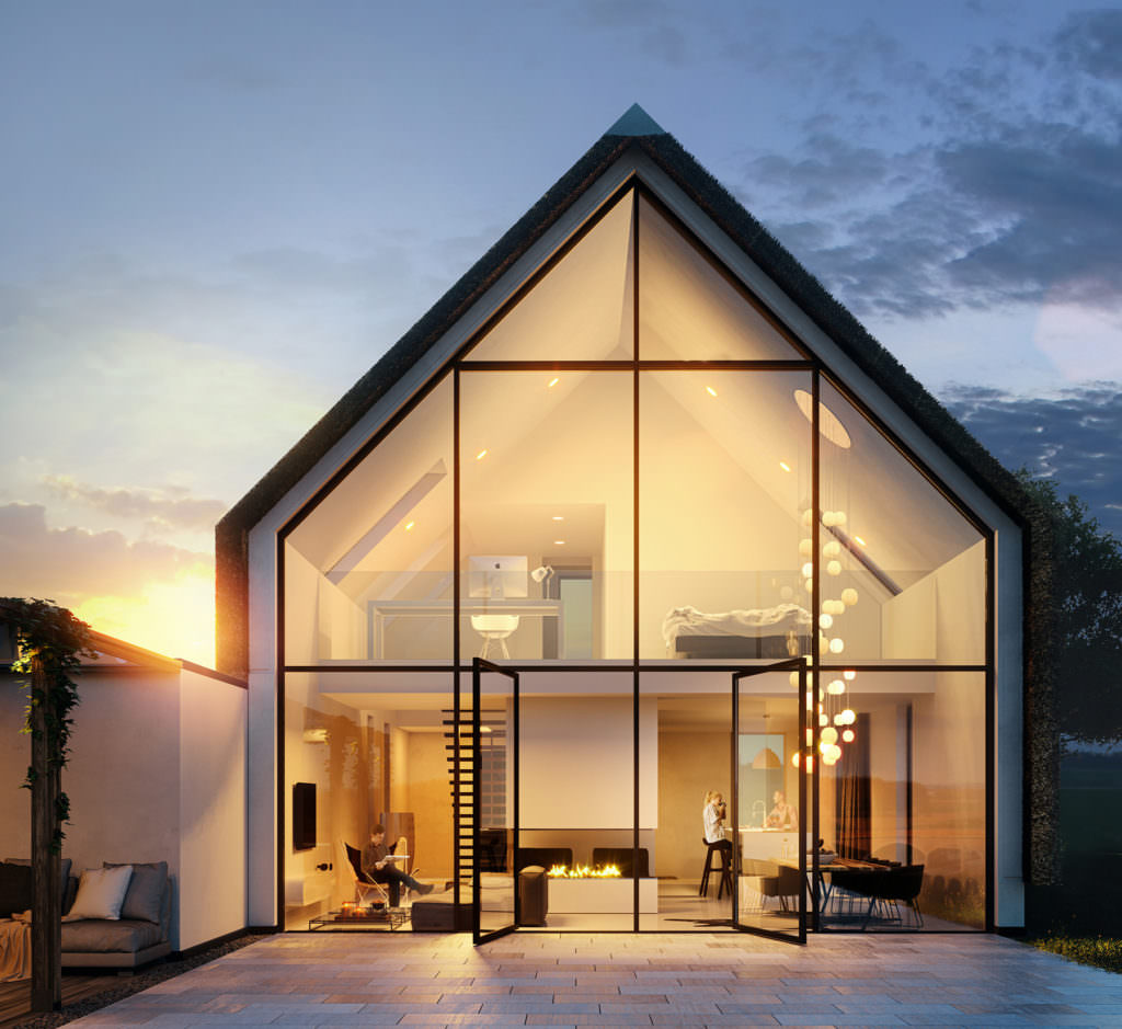 3D architectural visualization dusk small house Netherlands