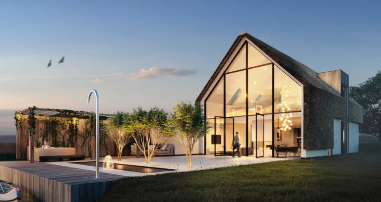 3D architectural visualization dusk small house Netherlands fountain