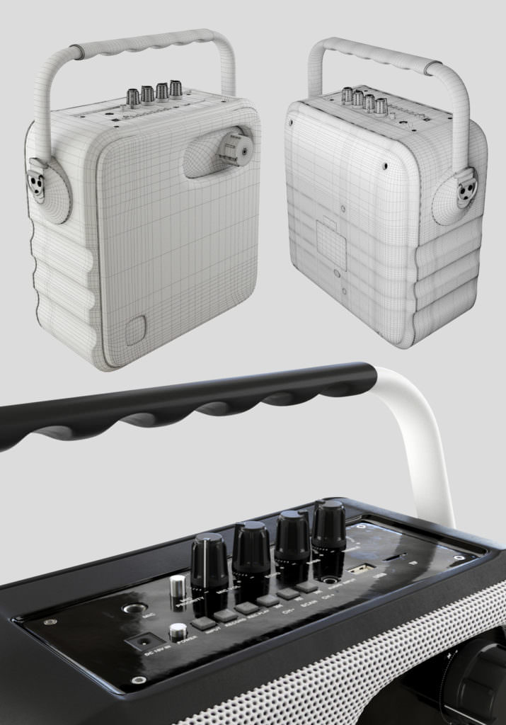 Photorealistic product 3D visualization of Bluetooth speaker control panel in close-up and high-poly model in the background