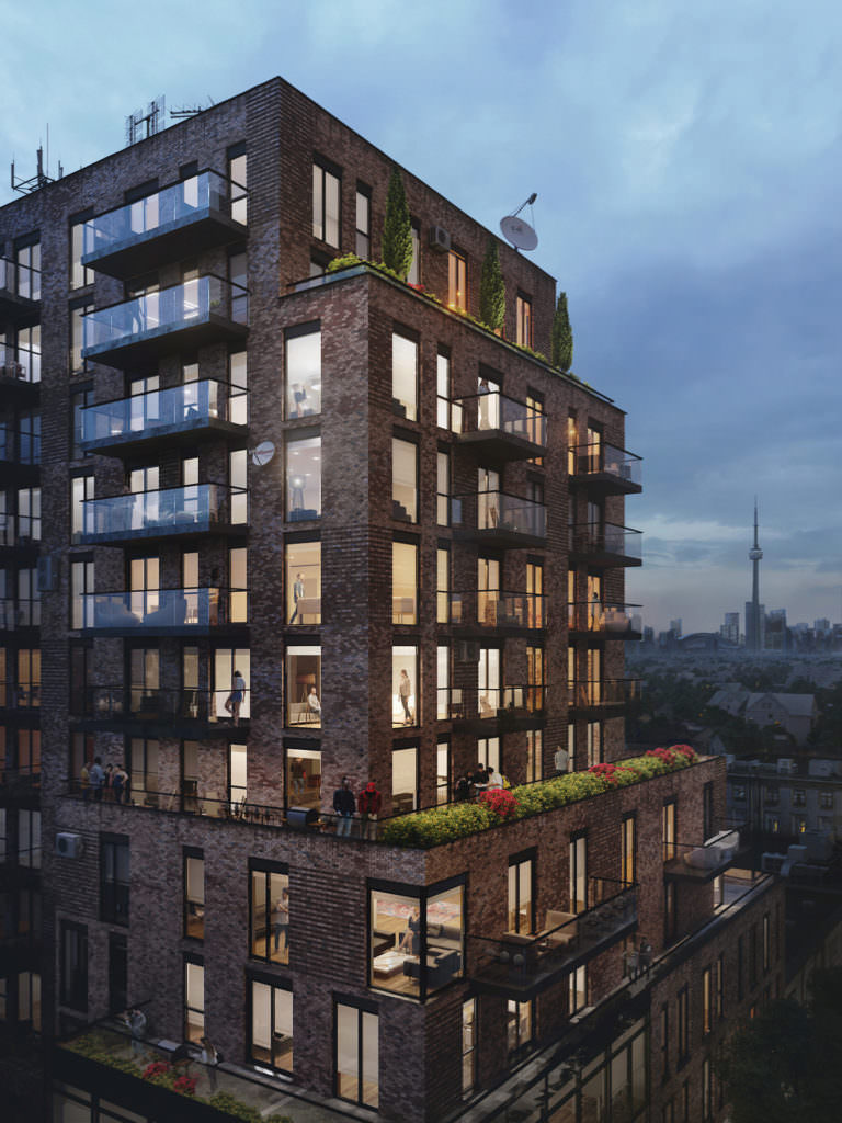 Photorealistic architectural rendering of a residential brick building with people standing on terraces and balconies in the evening light