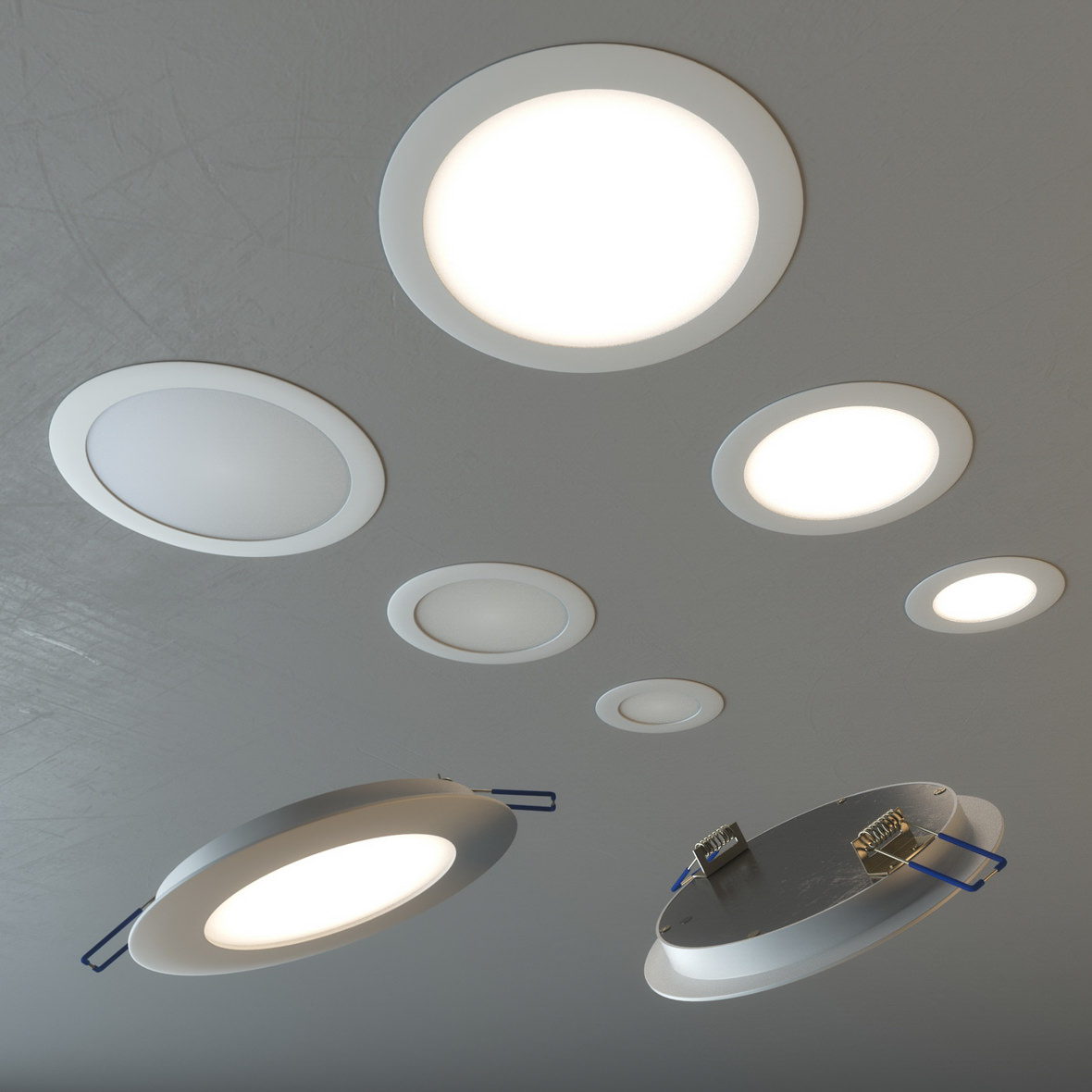 Photorealistic 3D rendering of round lamps fitted in the ceiling 