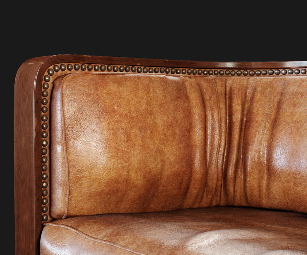 Photorealistic close-up render of a corner of a leather sofa with elements of décor and wrinkles 