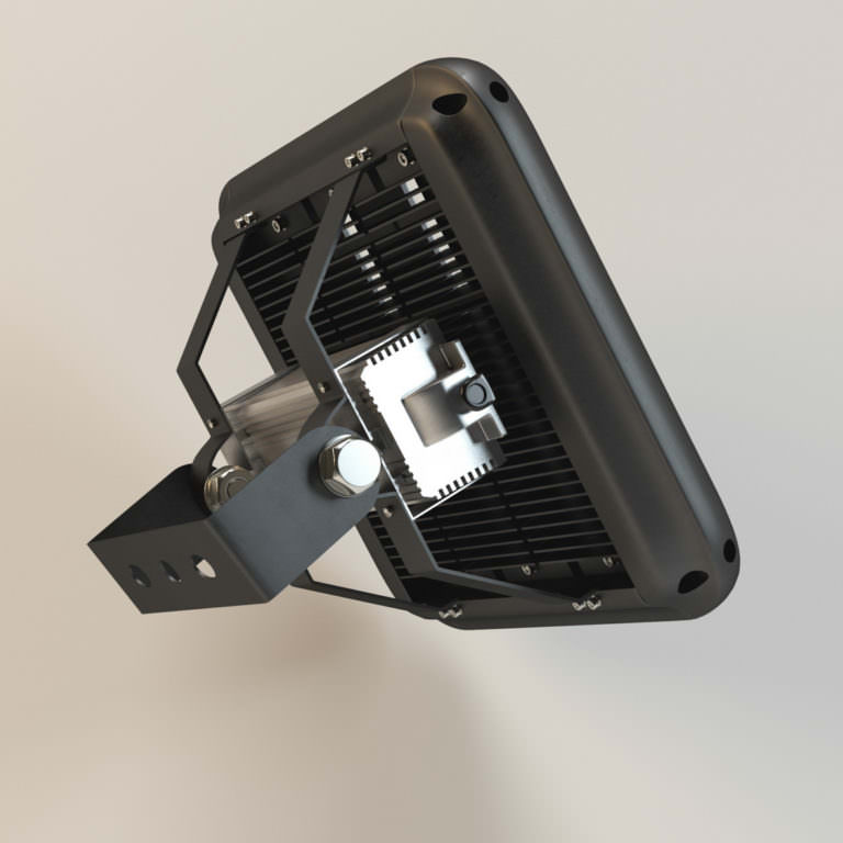 3D rear view of industrial LED fixture in black case  product visualization