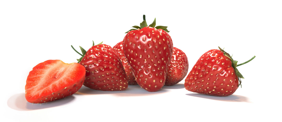 High quality 3D rendering of five red strawberries and one halved on white background , photorealistic food visualization