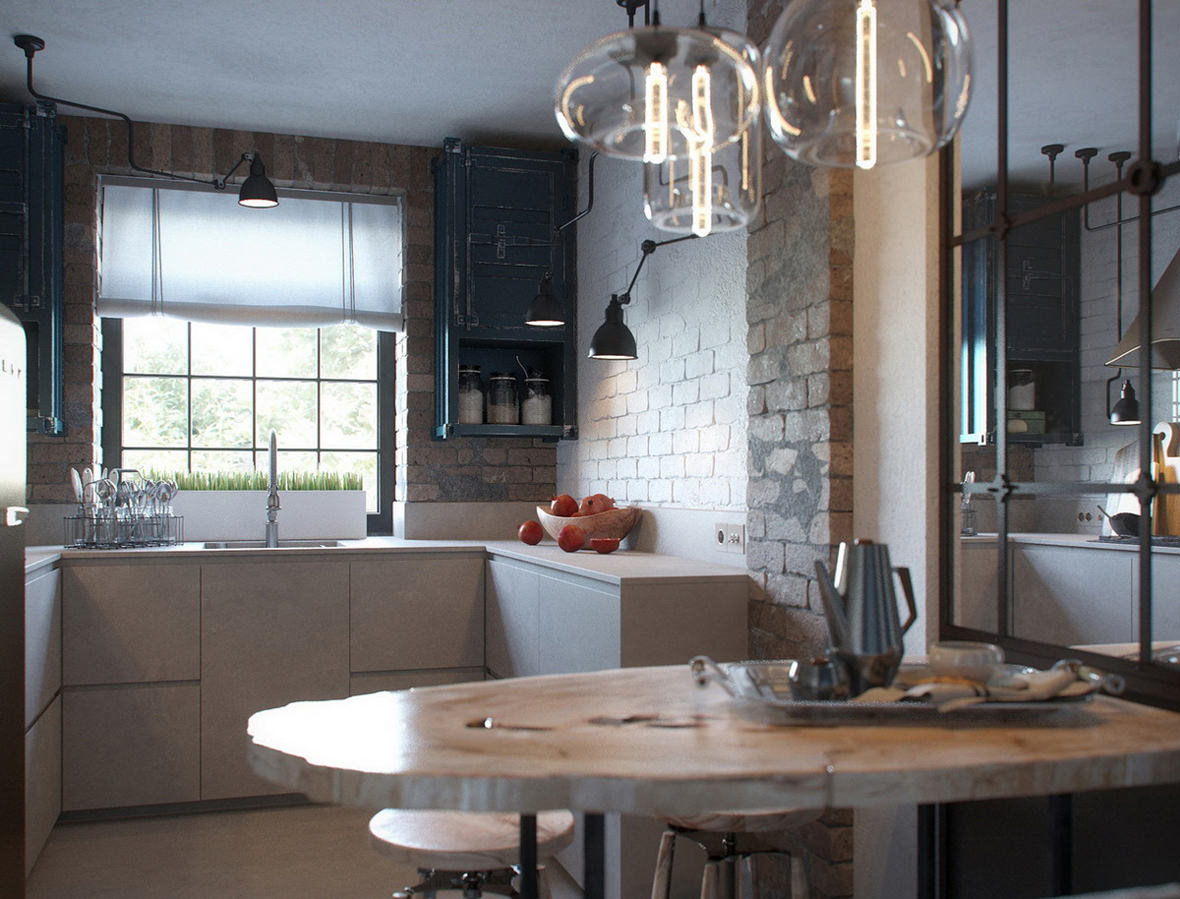 Photorealistic 3D render of a loft-style kitchen with wooden furniture, mirror walls and concrete finishing