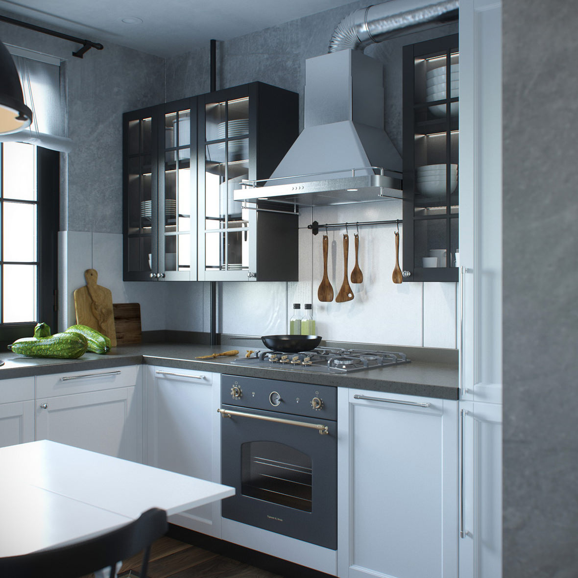 Photorealistic interior 3D render of the cooking area with kitchen stove and oven with cupboard and utensils