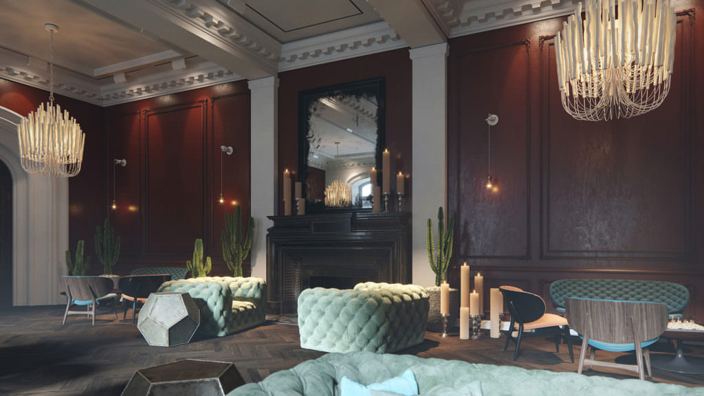 3D Visualization of a luxurious hotel lounge with vintage chandeliers and Baxter furniture