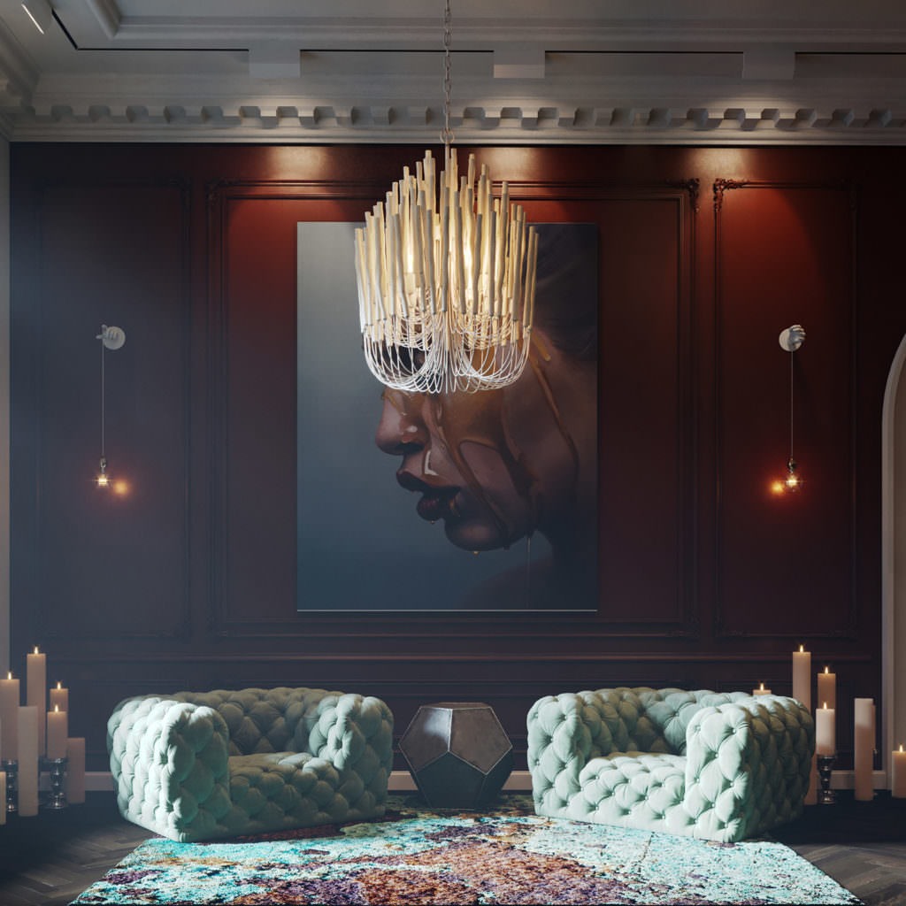 Architectural Visualization of a «Rusty Moss» carpet and designer furniture in hotel lounge setting