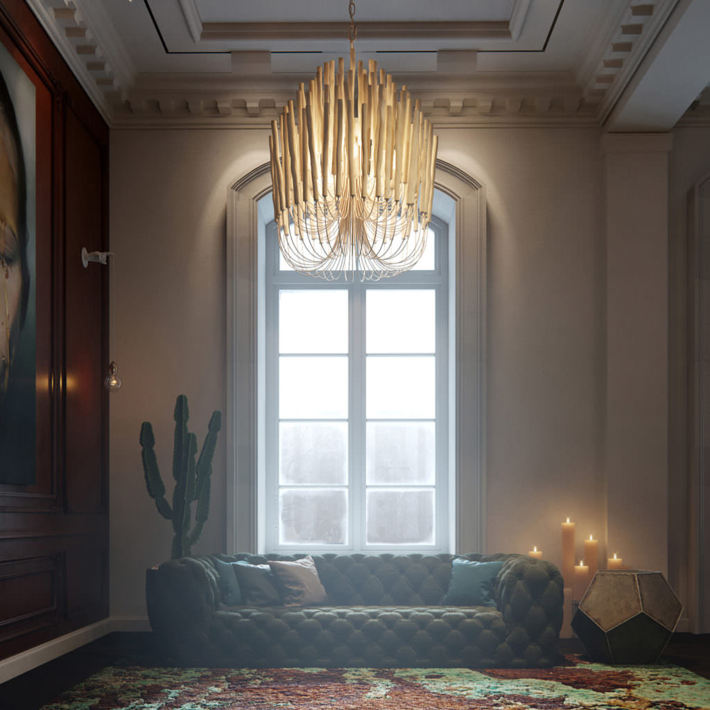 3D render of a hotel lounge concept with floor-to-ceiling windows, vintage moldings in soft candle light