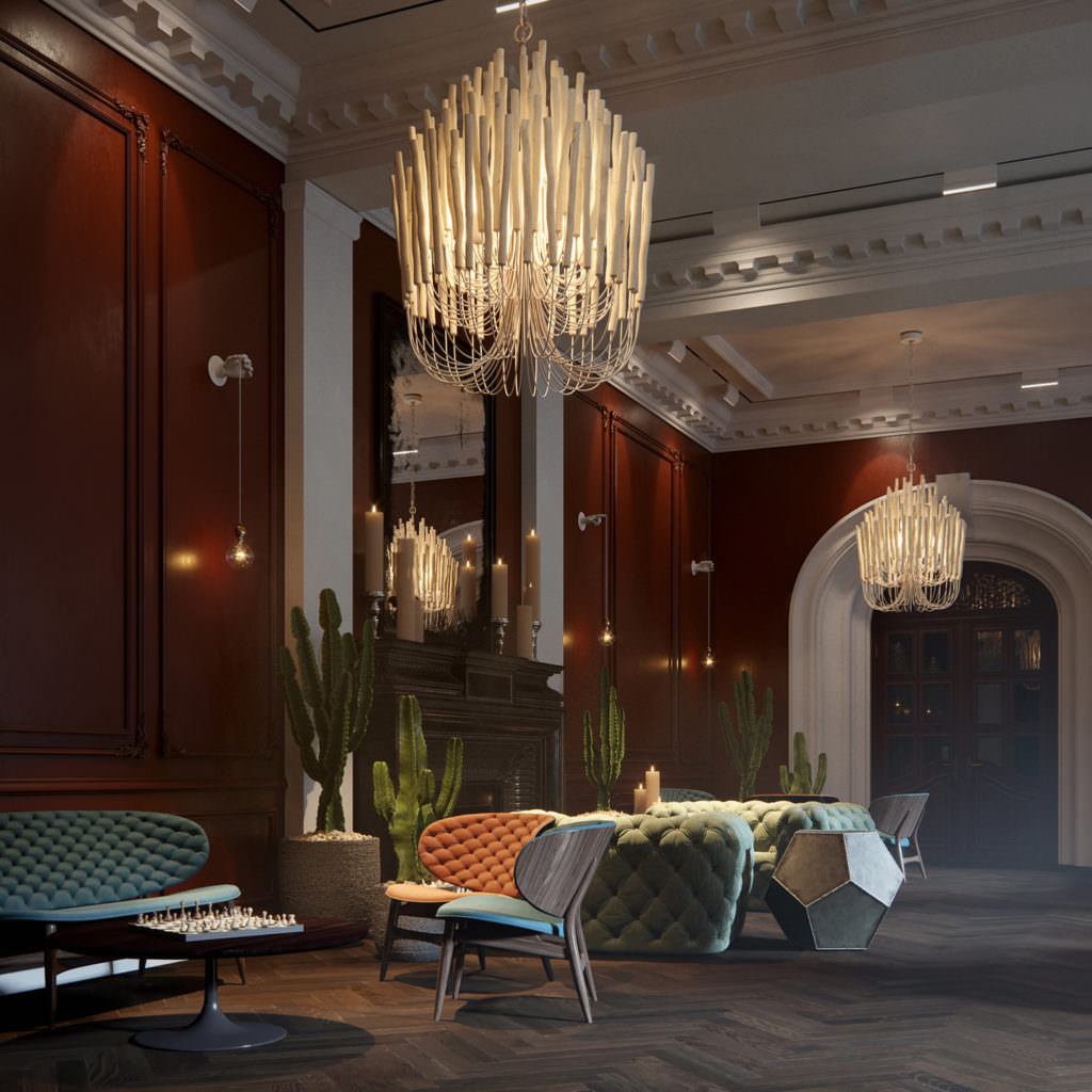 Photorealistic 3D render of a tailor-made hotel lounge interior with patinated wood moldings, leather and suede furniture, vintage chandeliers
