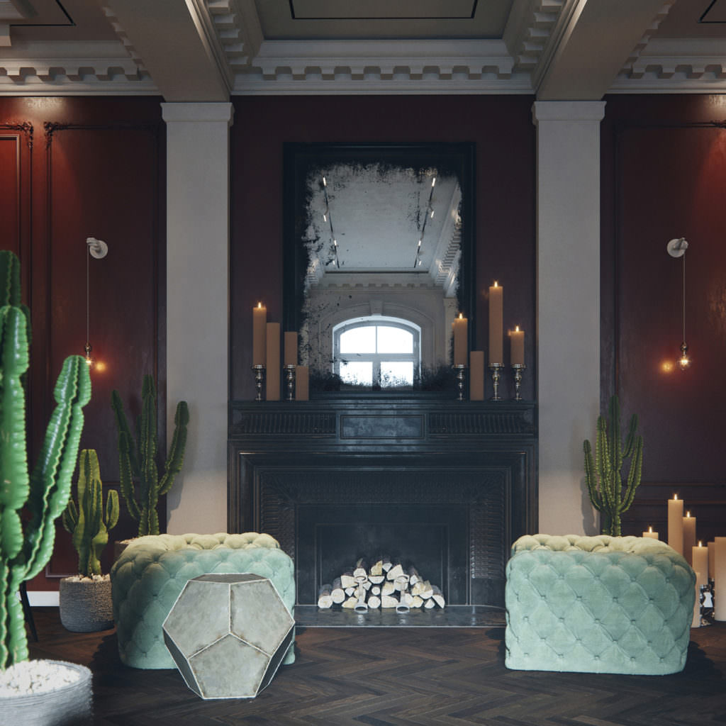 High-quality interior render of an aged mirror, mounted on a vintage fireplace, surrounded by two quilted suede armchairs