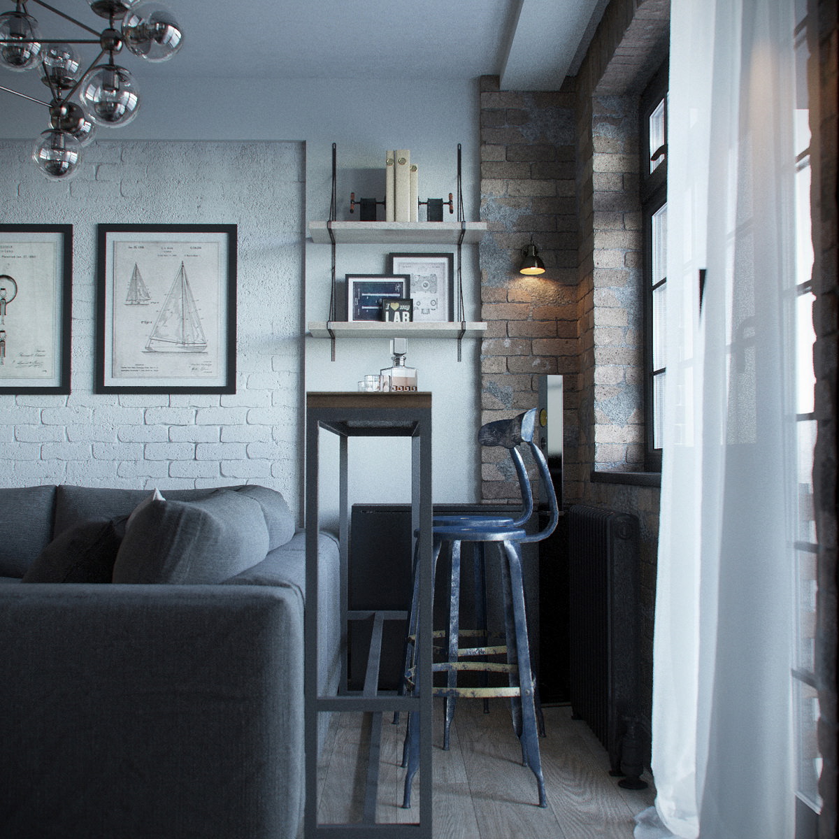 Photorealistic interior render of a bar with metallic chairs placed between the sofa and the window