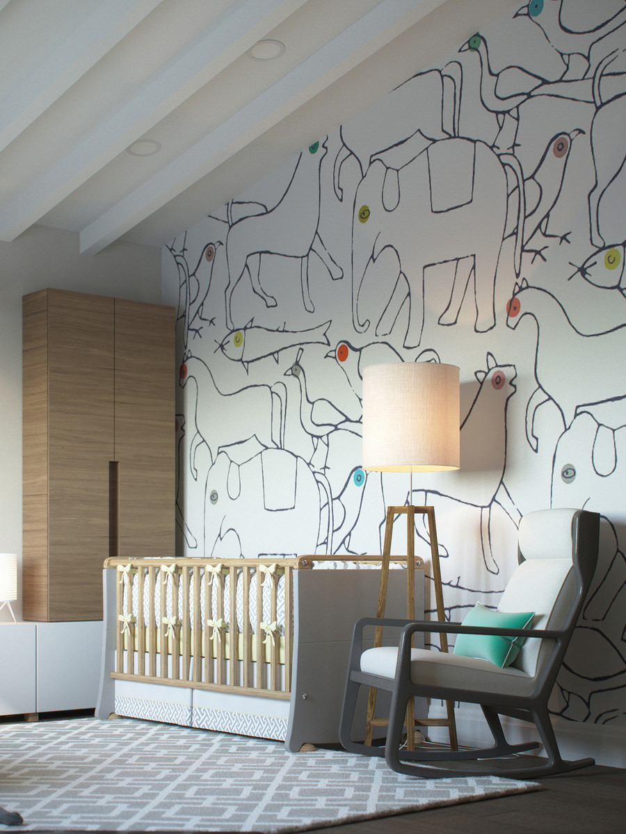 Photorealistic interior render of the children’s room decorated with drawings of animals on the wall with wooden crib and chair