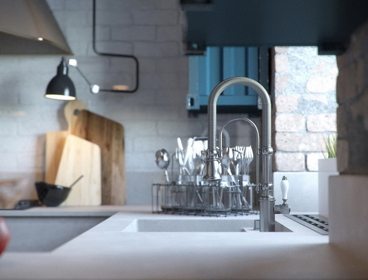 High quality 3D close-up view of a washing sink and utensils in the kitchen interior