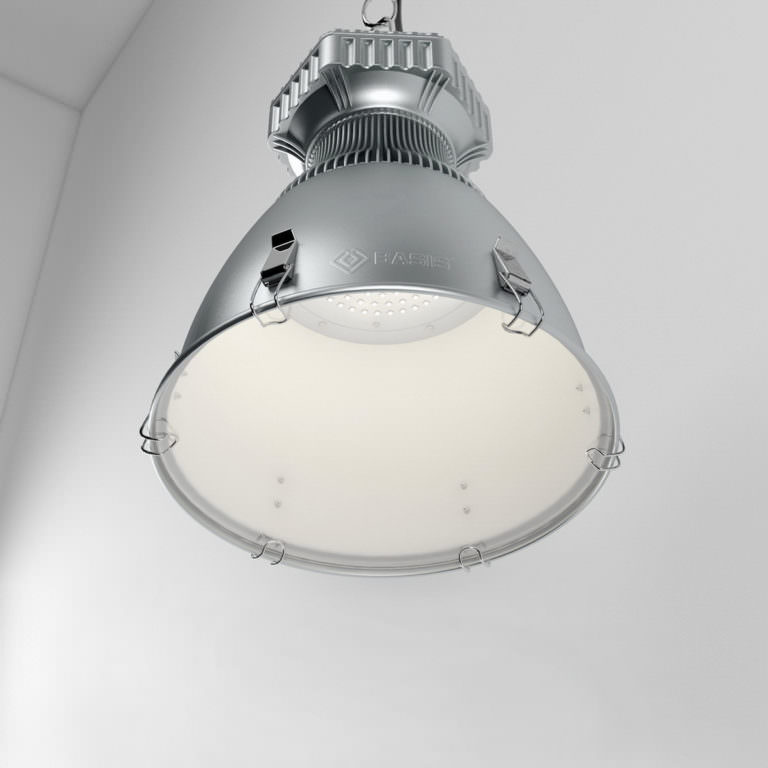 High quality product visualization of hanging industrial light fixture in metal case from the bottom