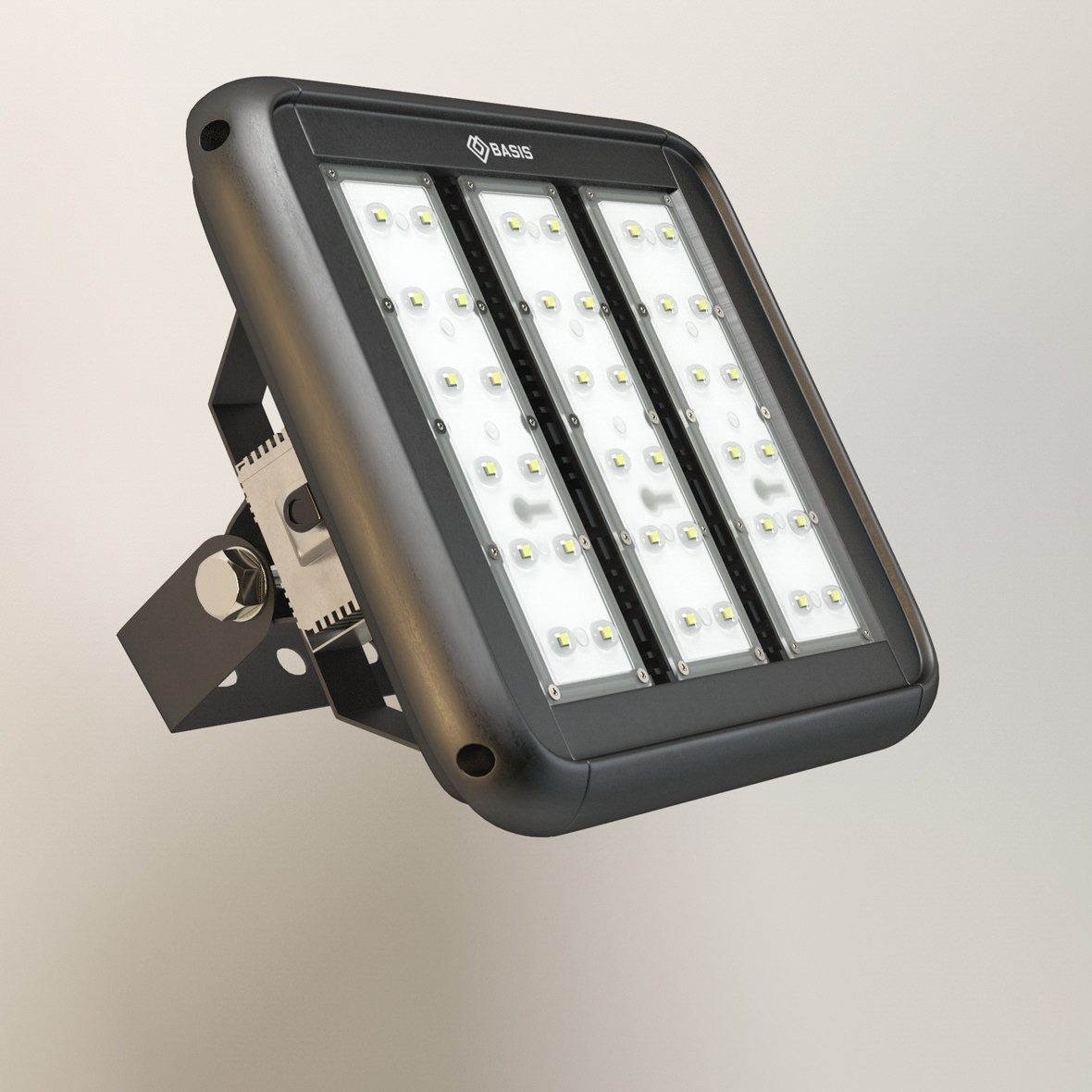 3D front view of industrial LED fixture in black case