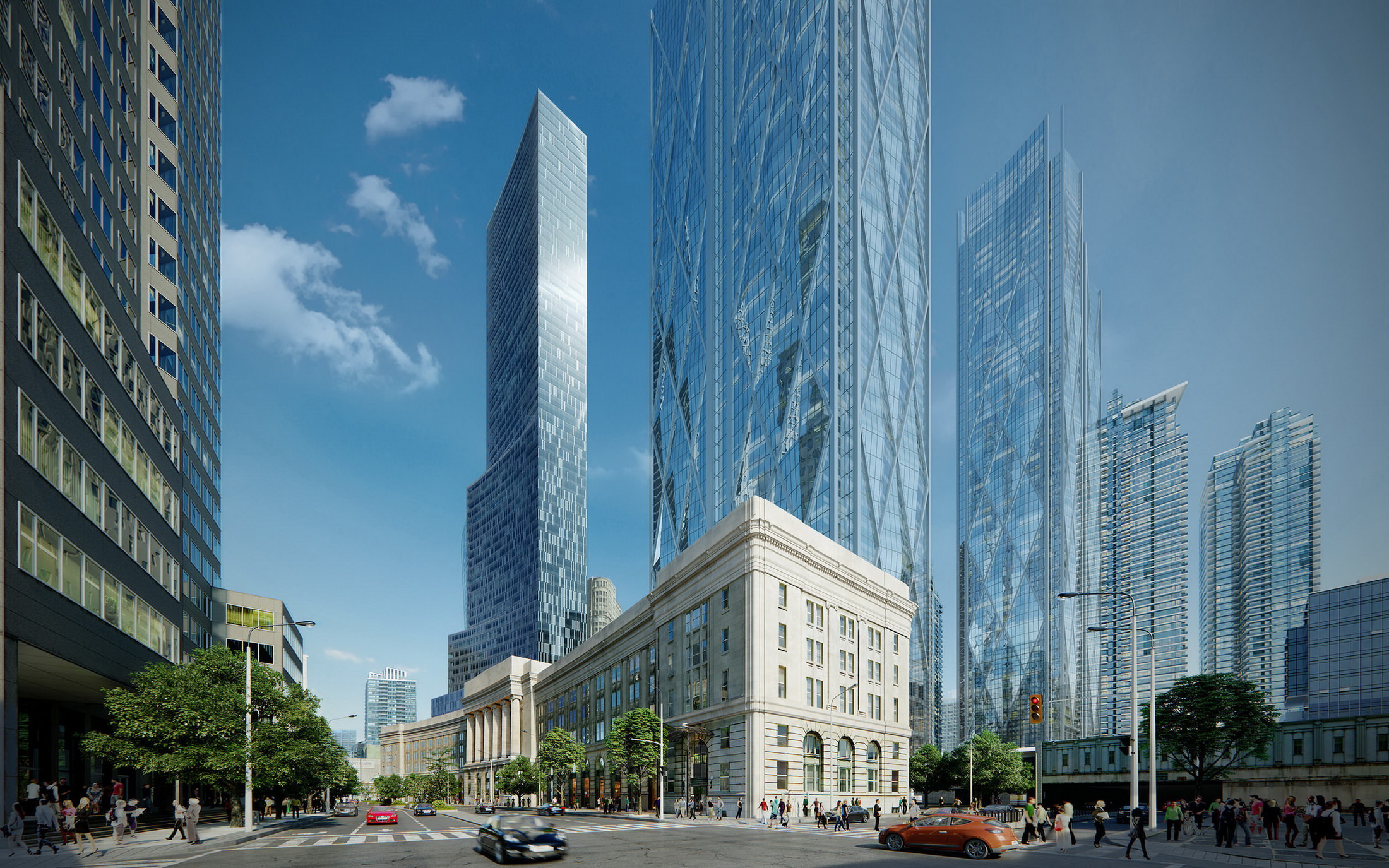 High-end architectural visualization of a skyscraper concept among the existing historic buildings, 3D street view in daylight