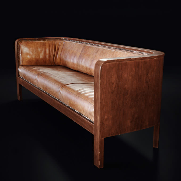 High quality 3D product visualization of a side view of a leather sofa with wooden frame