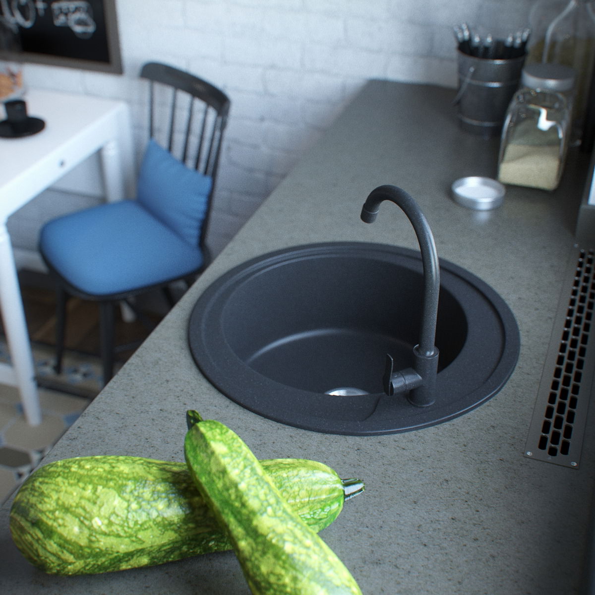 High quality close-up view of the kitchen washing sink and zucchinis.
