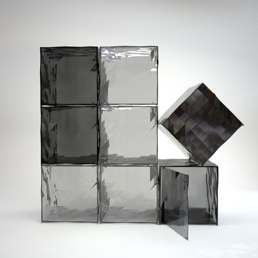 3D product visualization of square transparent glass containers in 3ds Max and Vray with faceted walls in the shades of grey  for design studios and production companies in USA, Europe, Australia and Japan