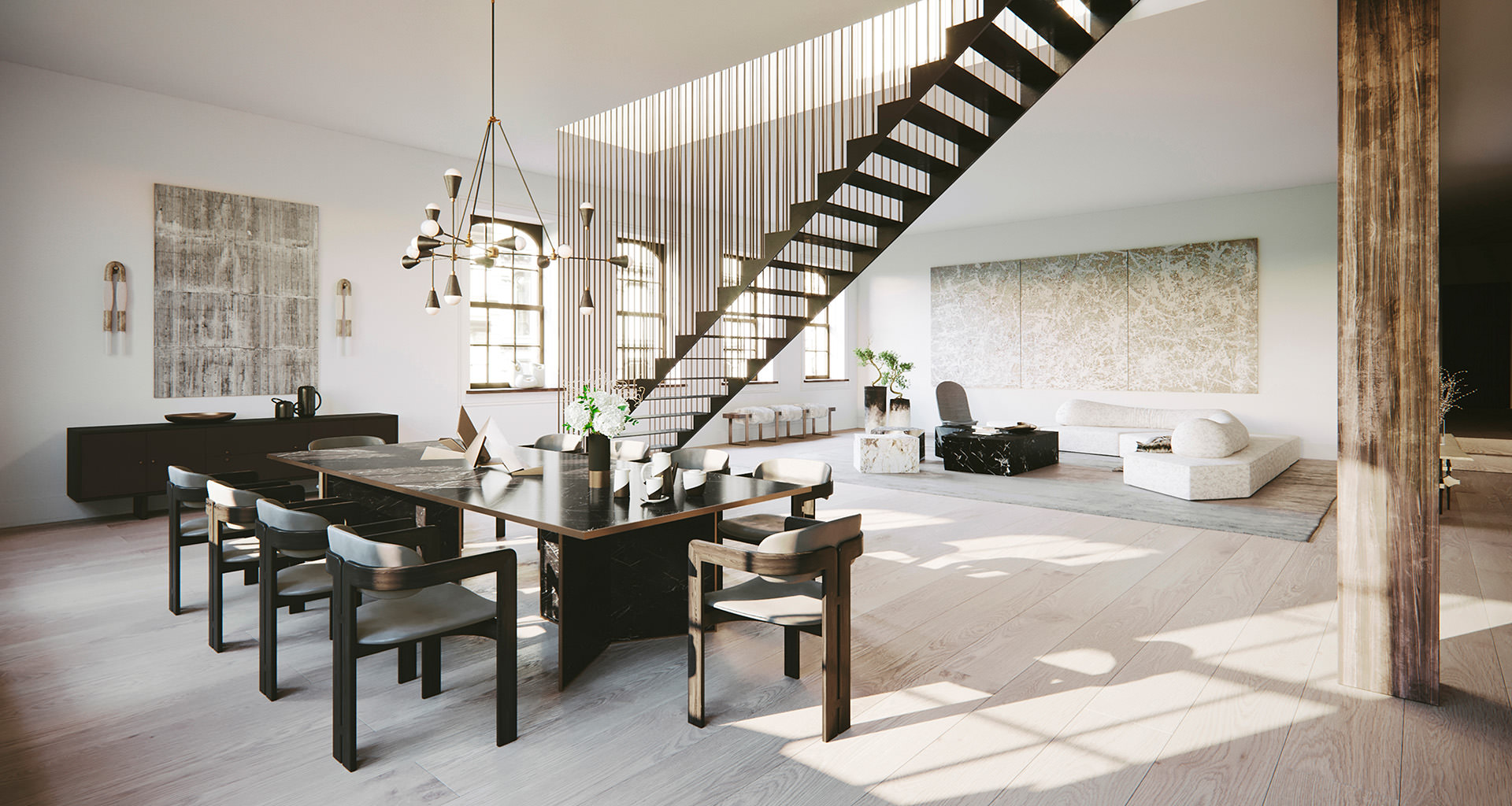 Photorealistic 3D render of a dining room with furniture in marble and wood, a blackened steel staircase to the rooftop in a loft apartment.