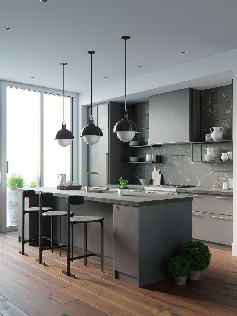 3D interior rendering grey kitchen with lamps and utensils by CG designer Vasily Gushcha