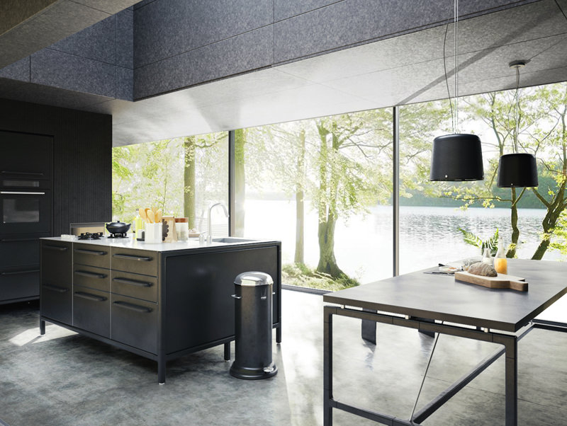 3D interior visualization of kitchen with large front windows and tables by CG artist Vasily Gushcha