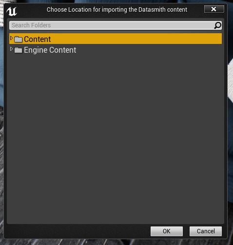Choosing location for importing datasmith content