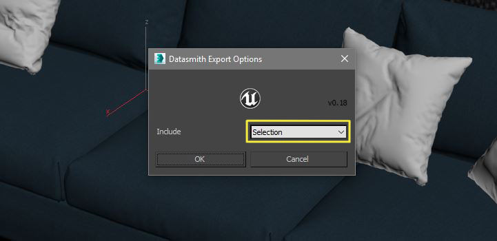 Selecting 3D object for exporting Datasmith Options