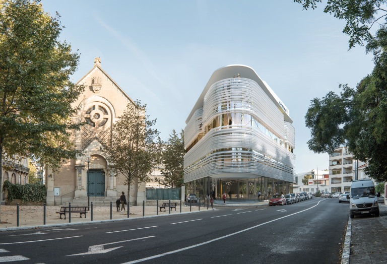 Daytime photo-insertion of 3D modeled business center into the existing surrounding of Beziers town, France