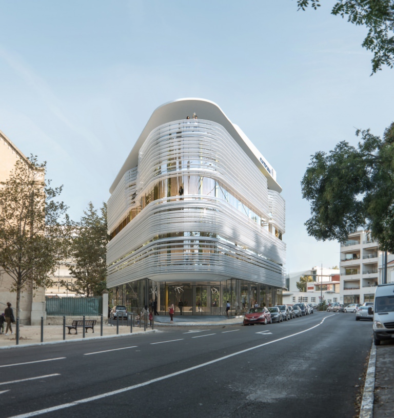 High quality 3D model of a business center inserted into the existing city context of Beziers