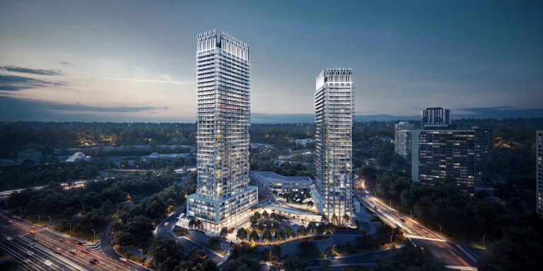 3D exterior visual of twin residential skyscrapers surrounded by lush forests and busy highway during dusk - visualization portfolio by Lunas company