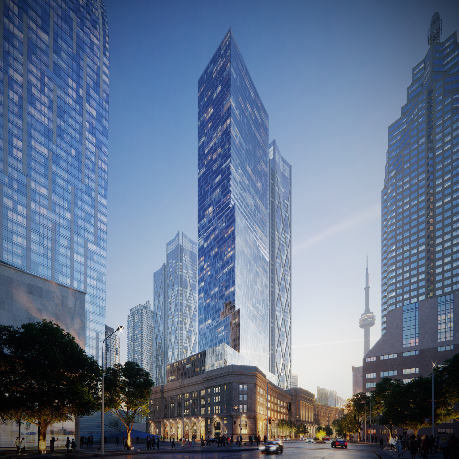 Photorealistic 3D exterior render of a skyscraper adjacent to the historic building at it’s base in the evening hours with Toronto’s CN tower visible in the background