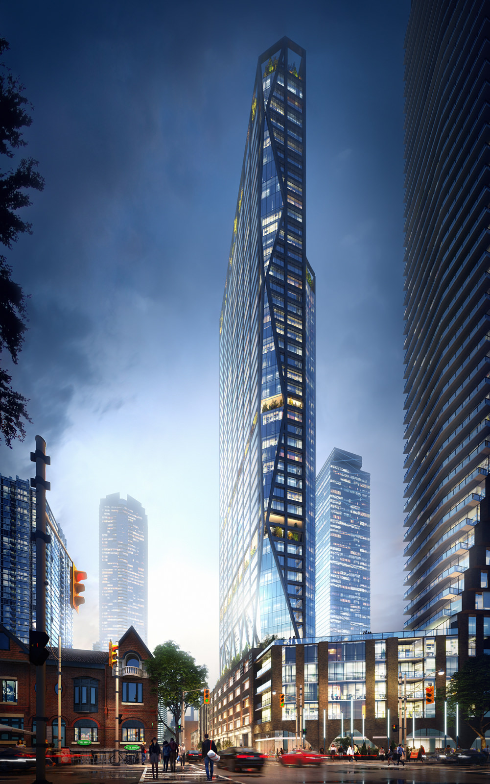 High-end architectural 3D rendering portfolio of cut-edge skyscraper project in Toronto city, Canada, context visualized from street level