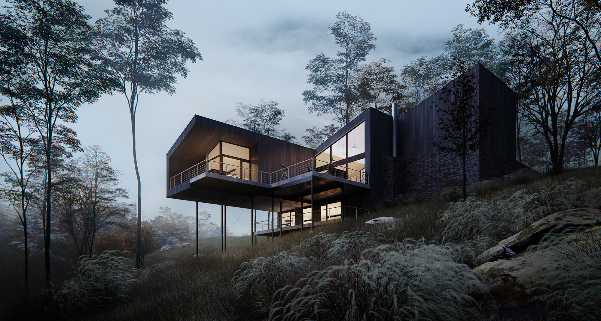3D architectural rendering from portfolio by Lunas studio - visualization of minimalistic residential house on a slope, trimmed with wooden panels and floor-to-ceiling glazing, situated in the foggy forest.