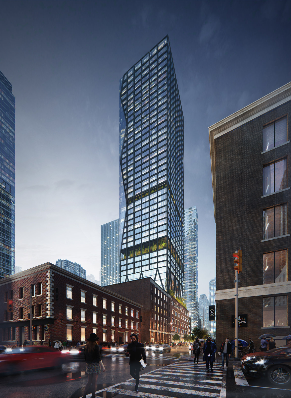 Lunas studio portfolio includes exterior 3D rendering of a Toronto skyscraper in Canada, flanked with historic buildings, visualized from eye level with pedestrians crossing the street in the view