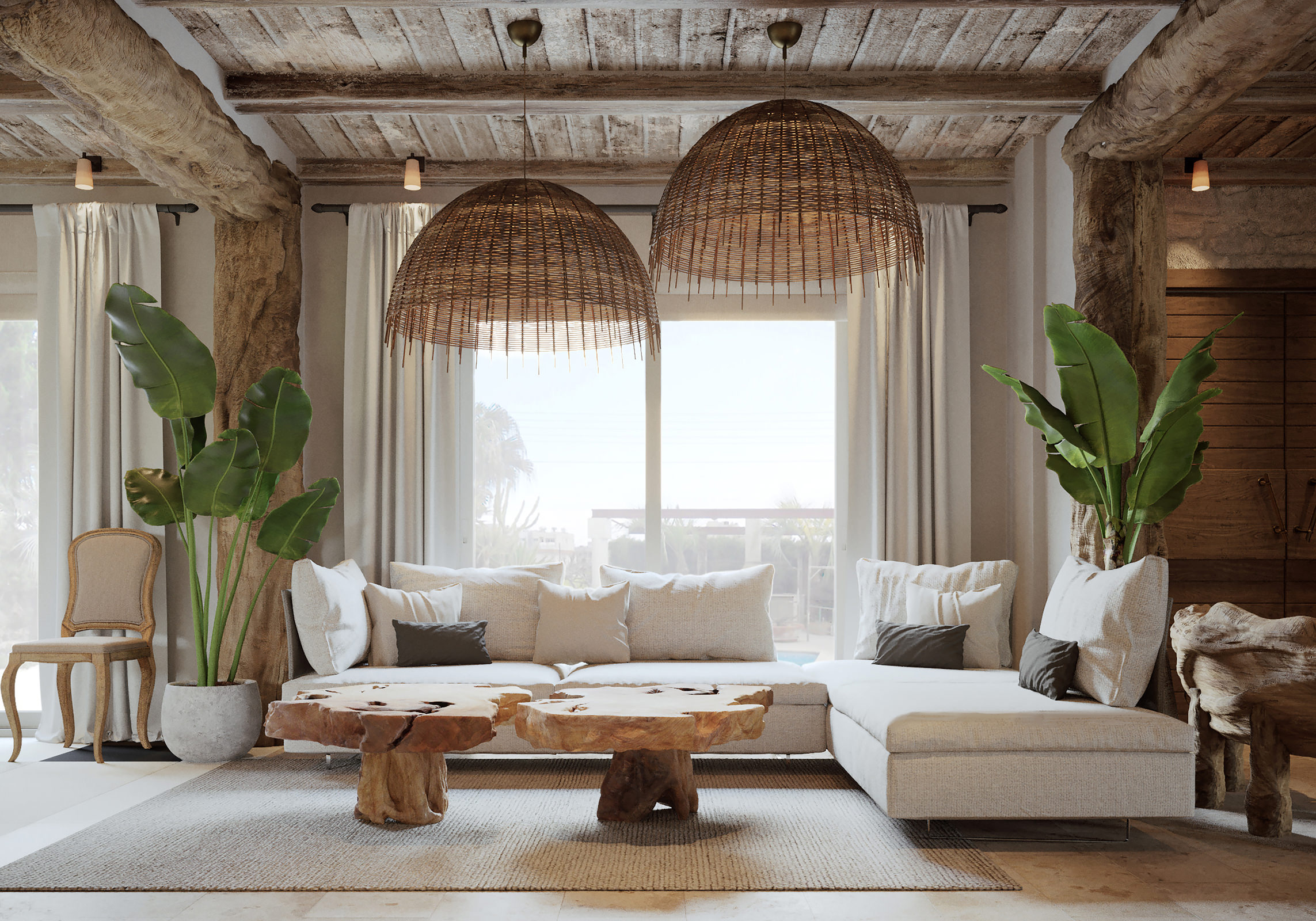 Visualization portfolio - interior 3D rendering of a living room in a bungalow style with woven straw feature lights, raw wooden finish and flax – upholstered furniture