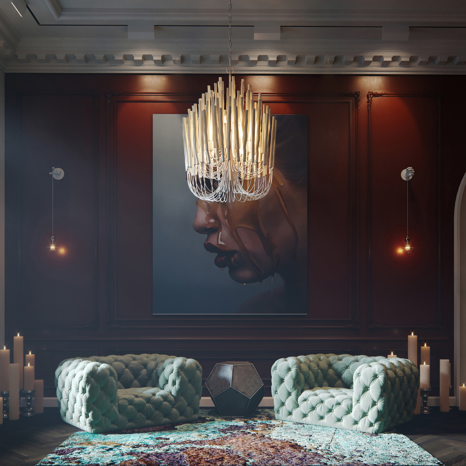 Tailor-made 3D interior visualization of a luxurious hotel lounge with vintage chandeliers, designer palm-shaped pendant lights, leather and suede Baxter furniture, Mike Dargas' "Golden Thoughts" oil painting, patinated wood moldings