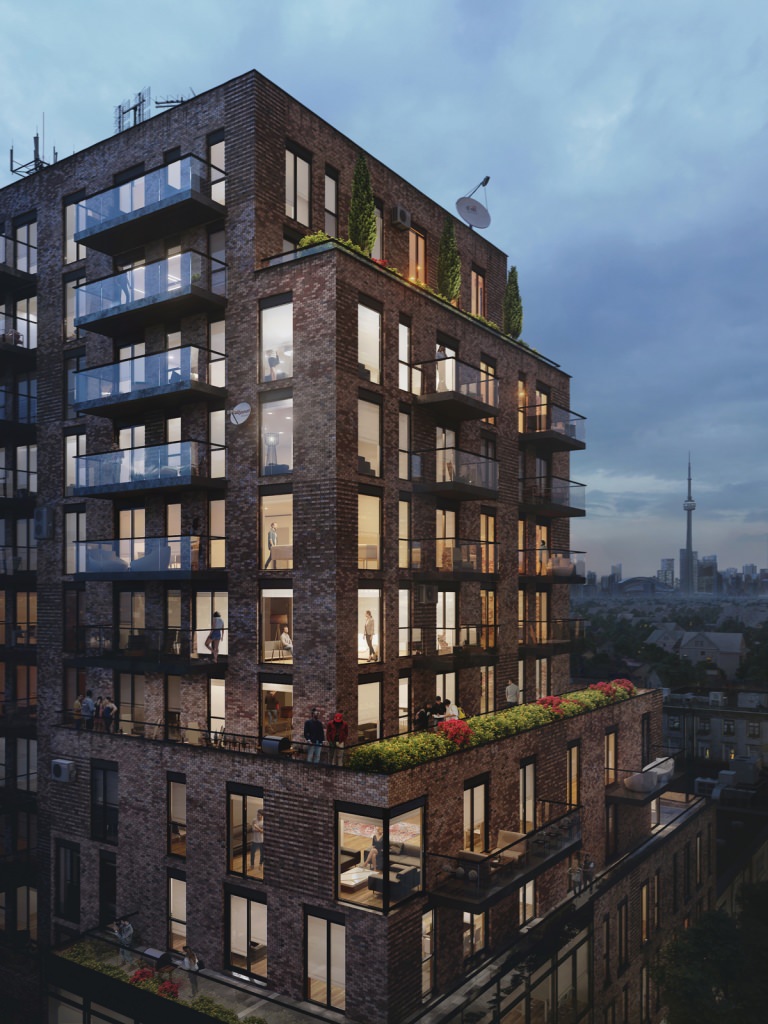 Photorealistic exterior 3D rendering of a step-like structured apartment block in Toronto in the evening light with residential activity in the flats and out on the balconies with CN tower and it’s neighborhood on the background