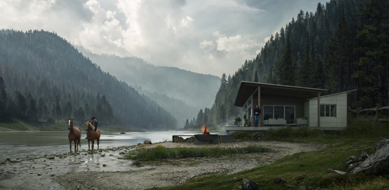 Photorealistic 3D architectural visualization of riverside residence with forested slopes, horse rider and a river in the foreground in foggy atmosphere