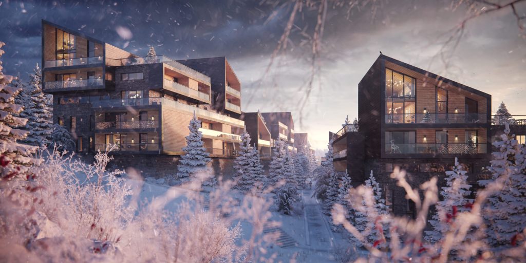 3D exterior render of luxurious hotel resort of multi-layered apartments in winter surrounded by snow-covered firs at dusk, France, villages of Odeillo and Via