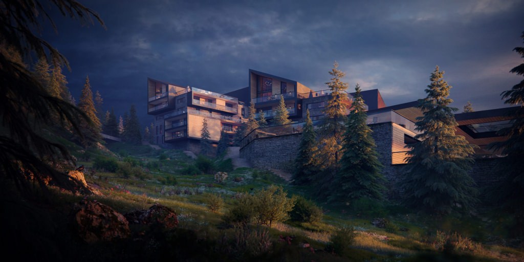 3D exterior visualization of a hillside retreat during blue hour in summer in the middle of a forest of the oldest ski resorts in France, Font-Romeu-Odeillo-Via