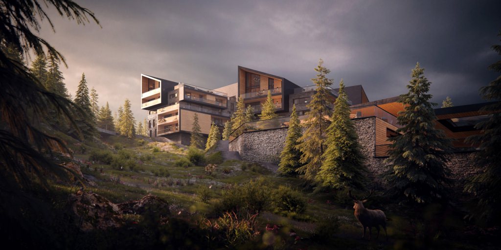 3D exterior render of a high-end recreational facility in Odeillo Ski Resort, France during dusk positioned at the hillside behind the stone fence with wild forest and a deer in the foreground